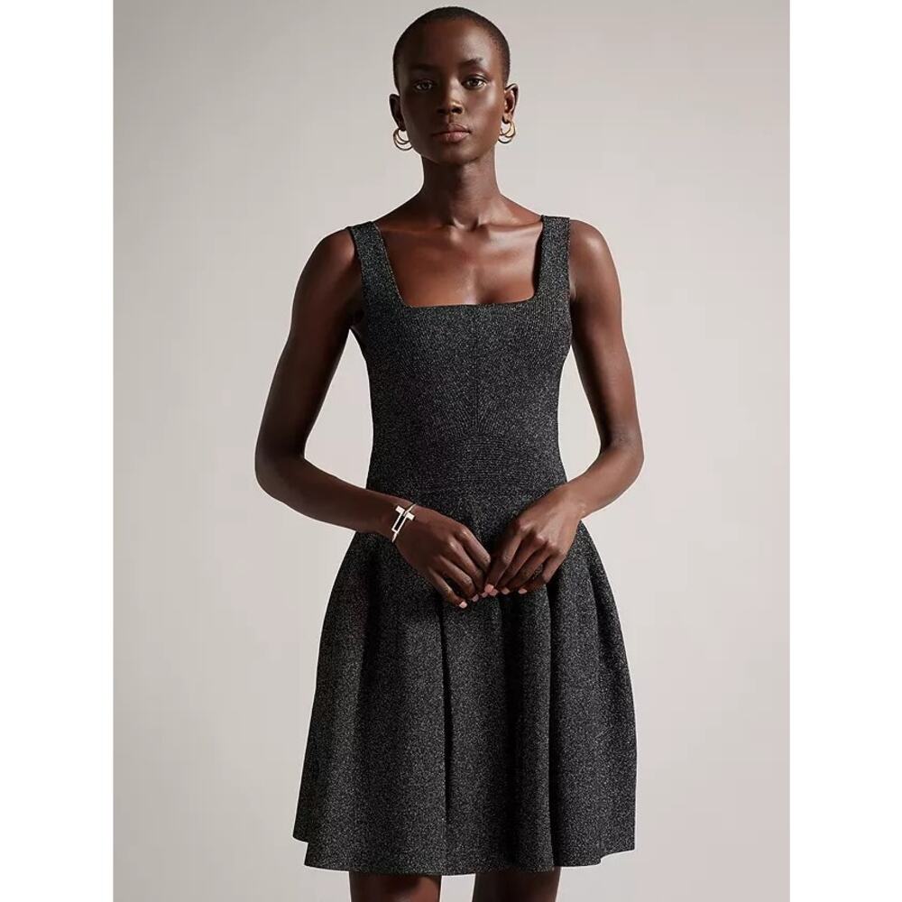 Ted Baker London Glitzia Black Metallic Sleeveless Skater Mini‎ Dress